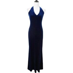 David Meister Navy Blue Velvet Halter Neck Evening Gown Dress Size 4 Formal Gala